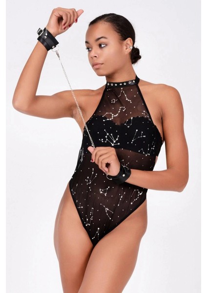 Baskılı Tül ve Deri Bileklik Şık Babydoll