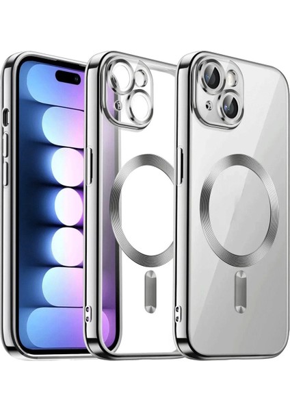 Apple iPhone 15 Kılıf Magsafe Wirelles Şarj Destekli Parlak Renkli Kenarlı Arkası Şeffaf Silikon