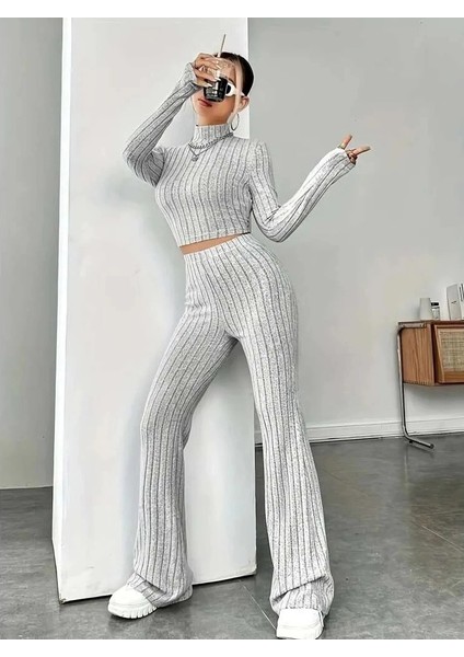 Gri Uzun Kollu Balıkçı Yaka Şardonlu Crop ve Pantolon Kadın Alt Üst Takım fiyatları