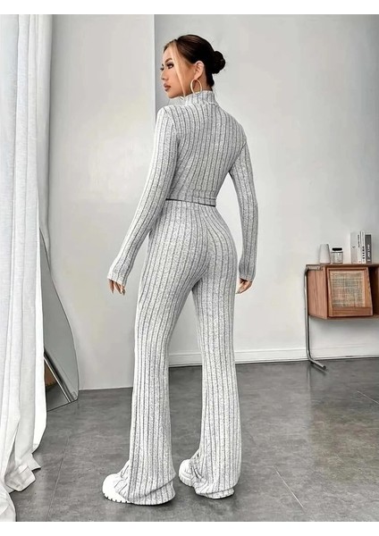 Gri Uzun Kollu Balıkçı Yaka Şardonlu Crop ve Pantolon Kadın Alt Üst Takım modelleri