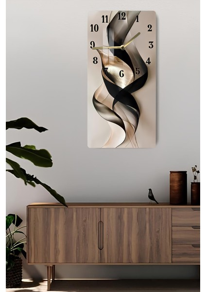 Siyah ve Altın Soyut Desenli Temperli Cam Tablo Saat 30×60 cm Hd Uv Baskı– CUSD227 fiyatları