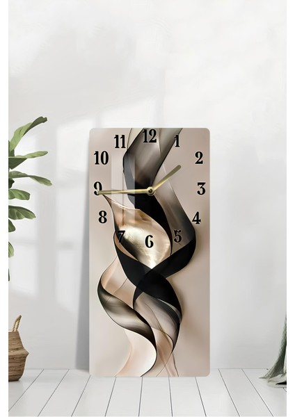 Siyah ve Altın Soyut Desenli Temperli Cam Tablo Saat 30×60 cm Hd Uv Baskı– CUSD227 modelleri