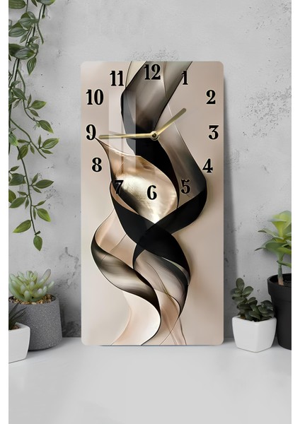 Siyah ve Altın Soyut Desenli Temperli Cam Tablo Saat 30×60 cm Hd Uv Baskı– CUSD227