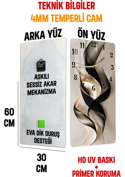 Siyah ve Altın Soyut Desenli Temperli Cam Tablo Saat 30×60 cm Hd Uv Baskı– CUSD227