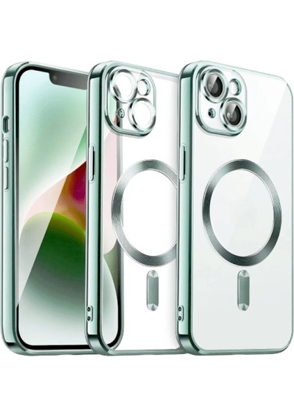 Apple iPhone 13 - 14 Uyumlu Kılıf Magsafe Wirelles Şarj Destekli Parlak Renkli Kenarlı Arkası Şeffaf Silikon