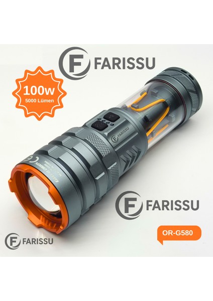 OR-G580: 100W, 5000 Lümen Şarj Edilebilir Çok Fonksiyonlu El Feneri 8800 Mah Powerbank Özellikli