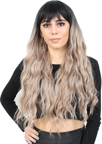 Perçemli Uzun Su Dalgası Fiber Sentetik Peruk/ Siyah / Küllü Bebek Sarı Ombreli