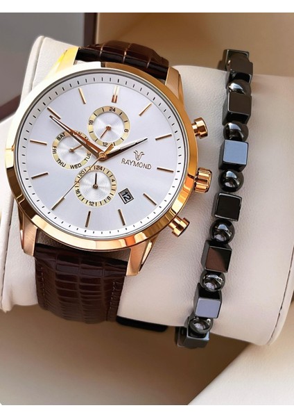 Nişan ve Damatlara Özel Deri Kordon 2 Yıl Garantili 5 Atm Erkek Kol Saati+Bileklik Rmd.44