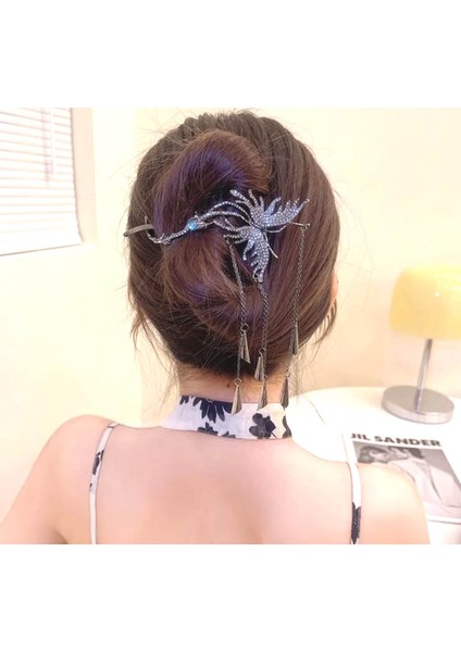 Kore Stil Kelebek Figür Zirkon Taş Nişan Düğün Sallantı Metal Topuz Tokası