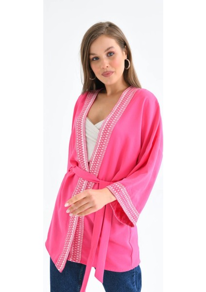 Kadın Kimono Yaka Desenli Kimono Kadın Ceket Fuşya - 23126