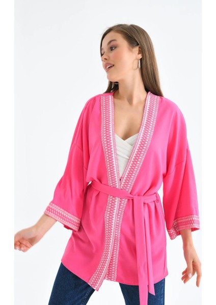 Kadın Kimono Yaka Desenli Kimono Kadın Ceket Fuşya - 23126 fiyatları