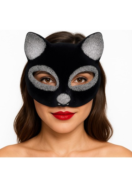 Siyah Renk Gümüş Simli Süet Kaplama Kedi Maskesi 18X14 cm
