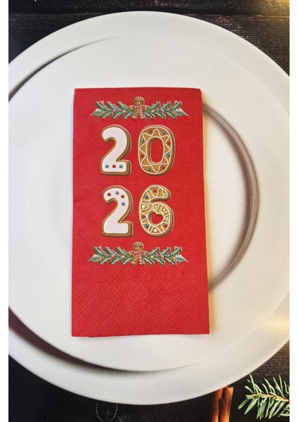 2026 Kurabiye Adam Gingerbread Tasarım Baskılı Kırmızı Yılbaşı Peçetesi 12LI Kırmızı Peçete