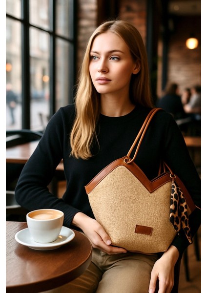 Kadın Özel Tasarım Hasır Kumaş Omuz ve Kol Çantası Leopar Fular Detaylı