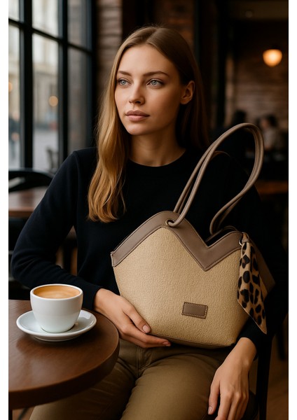 Kadın Özel Tasarım Hasır Kumaş Omuz ve Kol Çantası Leopar Fular Detaylı