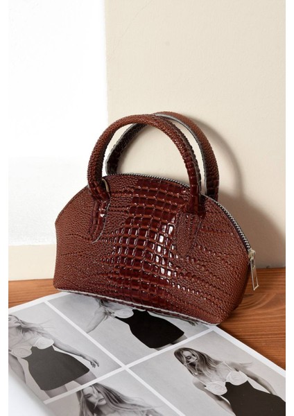 Lüks Mini Iguana Deri Baskılı El ve Omuz Çantası