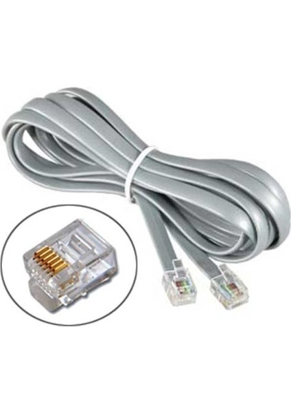 6'lı Yassı RJ12 Telefon Santral Kablosu Gri - 3 Metre