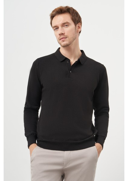 Erkek Siyah Basic Polo Yaka Dynamic Fit Rahat Kesim Triko