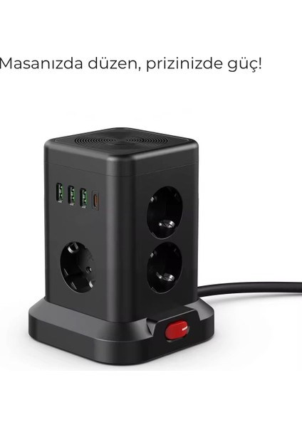 Kule Tipi Akım Korumalı Çoklu Priz – 3 Usb-A + 1 Type-C Çıkışlı, Tek Tuş Kontrollü Kompakt Tasarım