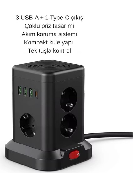 Kule Tipi Akım Korumalı Çoklu Priz – 3 Usb-A + 1 Type-C Çıkışlı, Tek Tuş Kontrollü Kompakt Tasarım fiyatları