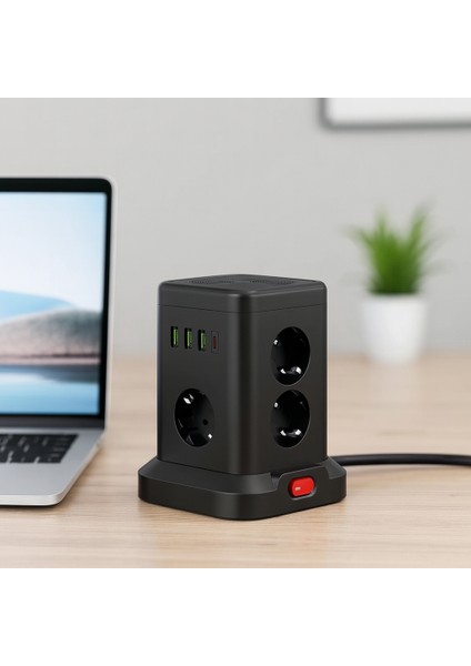 Kule Tipi Akım Korumalı Çoklu Priz – 3 Usb-A + 1 Type-C Çıkışlı, Tek Tuş Kontrollü Kompakt Tasarım modelleri