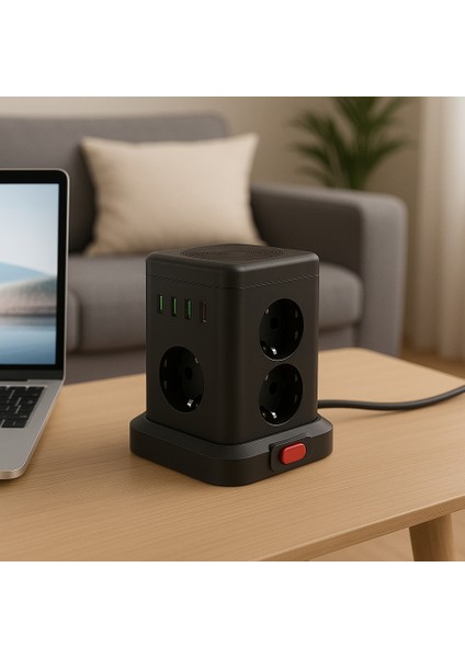Kule Tipi Akım Korumalı Çoklu Priz – 3 Usb-A + 1 Type-C Çıkışlı, Tek Tuş Kontrollü Kompakt Tasarım
