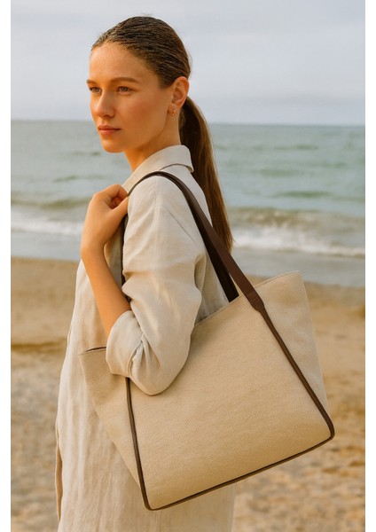 Kadın Omuz Çantası – Keten Kumaş Deri Detaylı Lüks Çanta