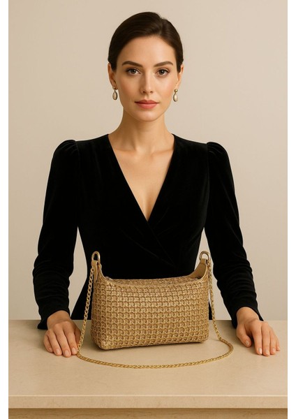 Lüks Aurora Luxe – Altın Işıltılı Örgü Çanta