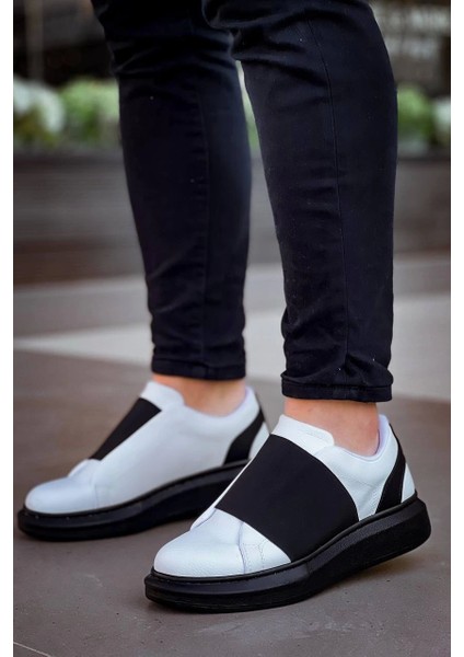 KB-040 Kuback Beyaz Cilt Siyah Yüksek Taban Lastikli Günlük Erkek Ayakkabı modelleri