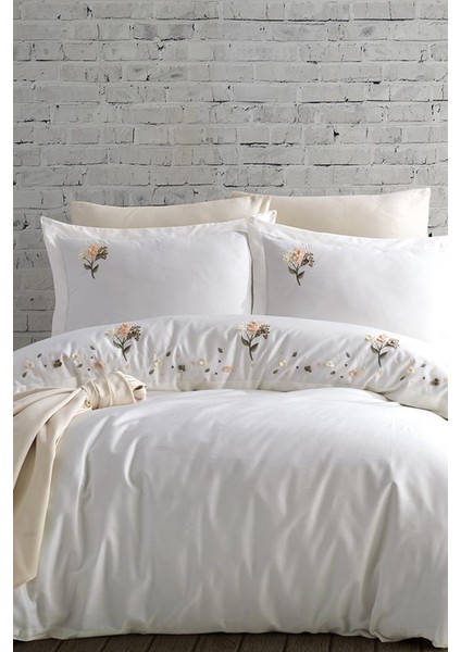 Narissa Nakışlı %100 Pamuk Saten Çift Kişilik Nevresim Takımı Ekru