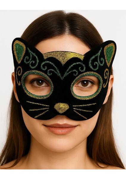 Siyah Kadife Kaplama Üzeri Sarı Yeşil Sim Işlemeli Kedi Maskesi 20X13 cm