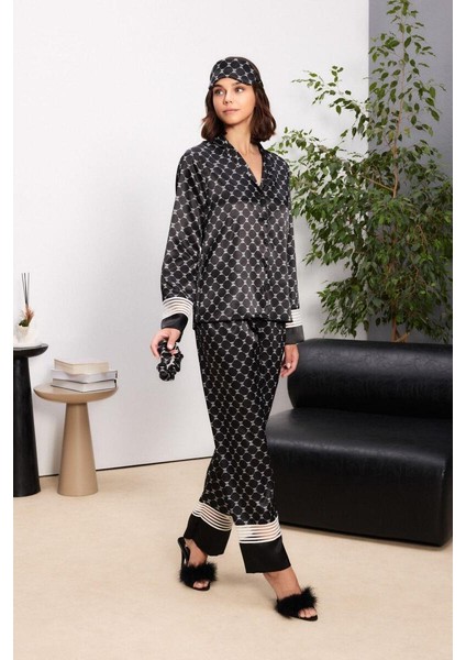 Kadın Saten Önden Düğmeli Uzun Kollu Toka Hediyeli Pijama Takım