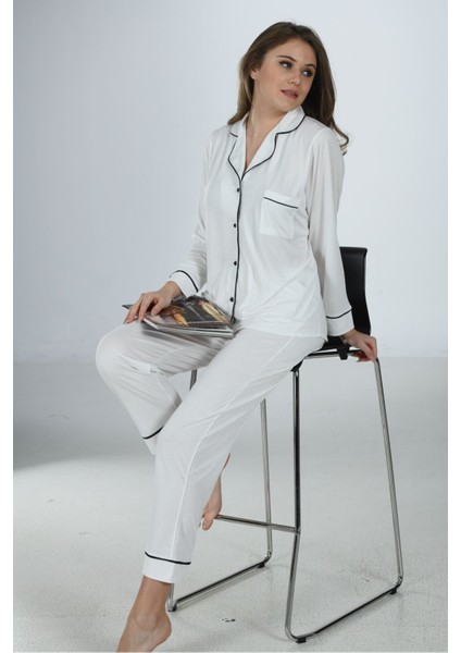 Ekru Penye Önden Düğmeli Pijama Takım