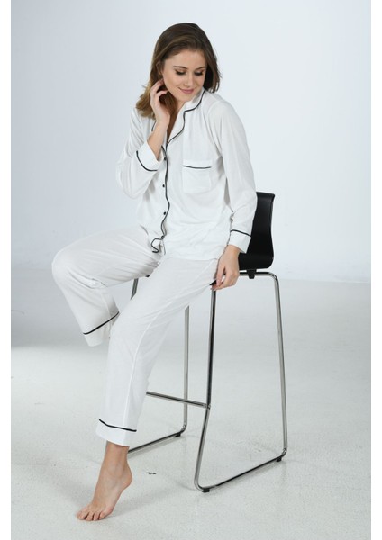 Ekru Penye Önden Düğmeli Pijama Takım fırsatları