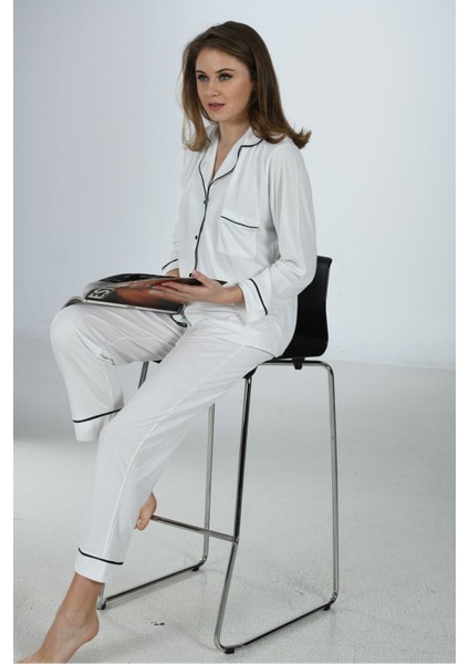 Ekru Penye Önden Düğmeli Pijama Takım indirimleri