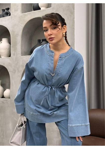 Metal Aksesuarlı Kot Ikili Takım Kadın | Pantolonlu Tesettür Uyumlu Jean Takım