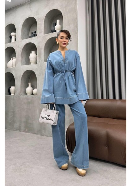 Metal Aksesuarlı Kot Ikili Takım Kadın | Pantolonlu Tesettür Uyumlu Jean Takım fiyatları