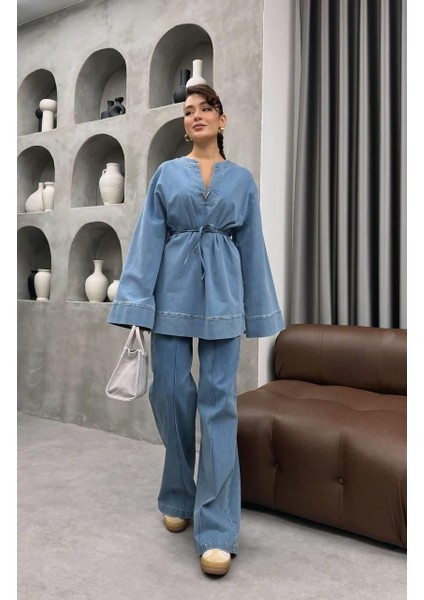 Metal Aksesuarlı Kot Ikili Takım Kadın | Pantolonlu Tesettür Uyumlu Jean Takım modelleri