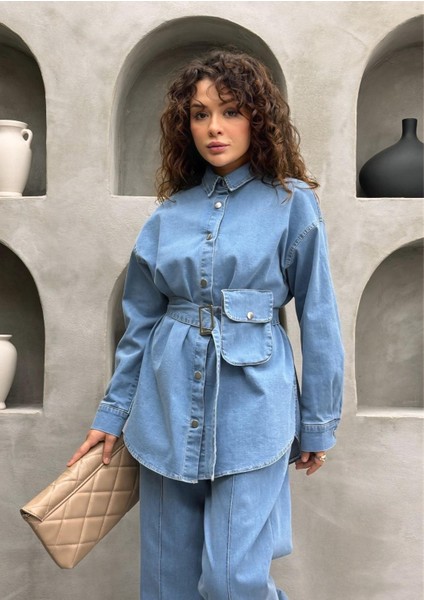 Seyyar Kemer ve Çanta Detaylı Ikili Kadın Kot Takım | Pantolonlu Tesettür Uyumlu Jean Takım