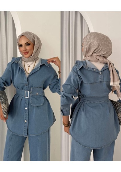 Seyyar Kemer ve Çanta Detaylı Ikili Kadın Kot Takım | Pantolonlu Tesettür Uyumlu Jean Takım fiyatları