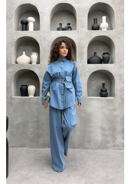 Seyyar Kemer ve Çanta Detaylı Ikili Kadın Kot Takım | Pantolonlu Tesettür Uyumlu Jean Takım modelleri