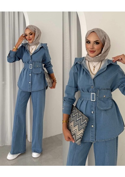 Seyyar Kemer ve Çanta Detaylı Ikili Kadın Kot Takım | Pantolonlu Tesettür Uyumlu Jean Takım fırsatları