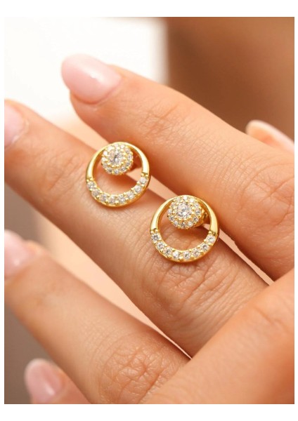 925 Ayar Sarı Altın Kaplama Zirkon Taşlı Yuvarlak Lava Model Gümüş Küpe