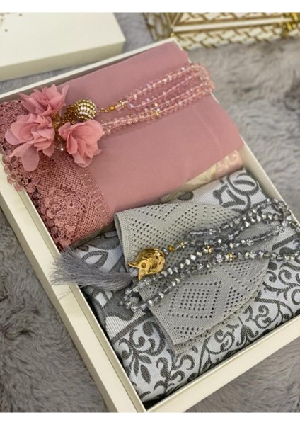 Gri-Pudra Damat Bohçası, Gelin Bohçası, Seccade Seti, Nişan Seccade Takımı