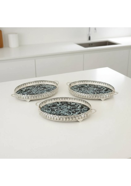 3 Adet Gümüş Renk Vav Desen Metal Çerçeveli Cam Nişan-Servis Tepsi Seti – 28×19 cm