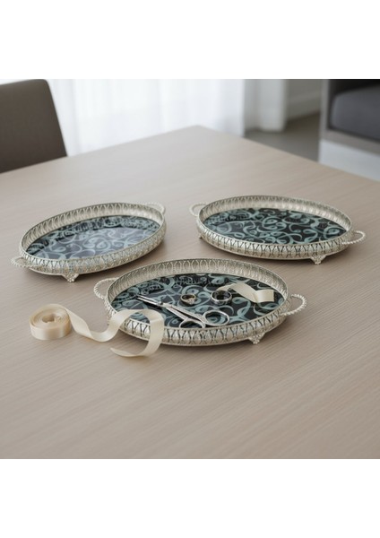 3 Adet Gümüş Renk Vav Desen Metal Çerçeveli Cam Nişan-Servis Tepsi Seti – 28×19 cm fırsatları