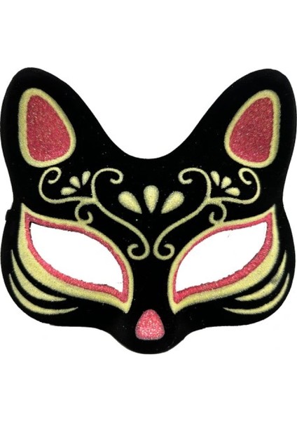 Siyah Süet Kırmızı Sarı Simli Kedi Maskesi