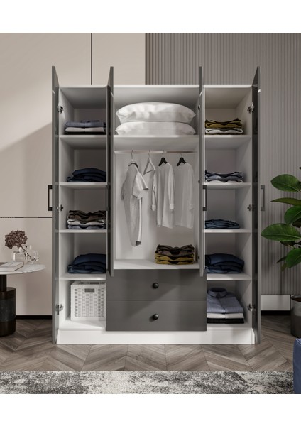 %100 Mdf 4 Kapaklı 2 Çekmeceli 12 Raflı Elbise Dolabı – 182X140X52 cm Animasyonlu/cabinse indirimleri