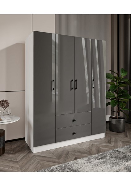 %100 Mdf 4 Kapaklı 2 Çekmeceli 12 Raflı Elbise Dolabı – 182X140X52 cm Animasyonlu/cabinse