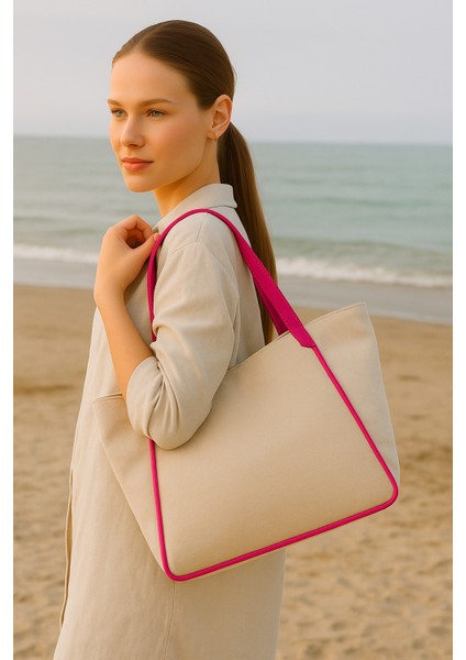 Kadın Omuz Çantası – Keten Kumaş Deri Detaylı Lüks Çanta